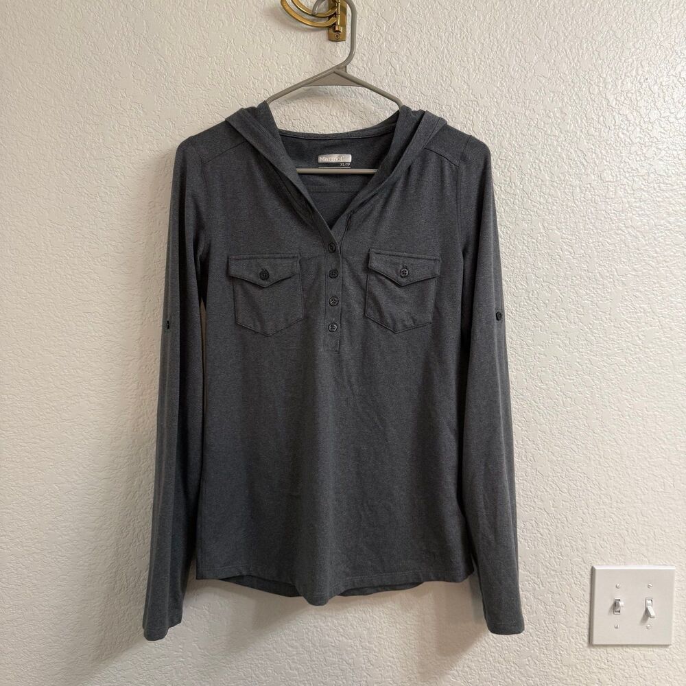 Marmot Women's XS Laura Henley Long Sleeve Button Front Shirt Gray Roll Tab